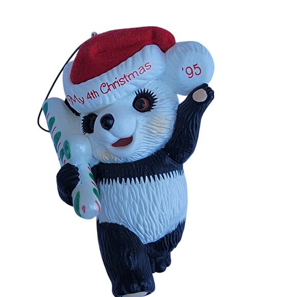 Vintage 1995 My 4th Christmas Panda Bear Ornament with Candy Cane - Picture 2 of 10